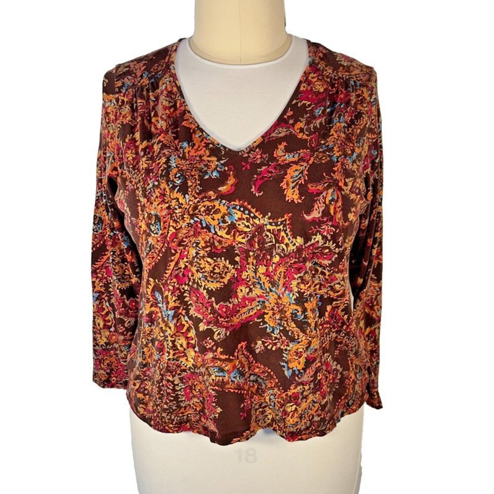 Liz Claiborne Knit Top Women's 1X Autumn Colors Abstract Paisley V-Neck Long Slv